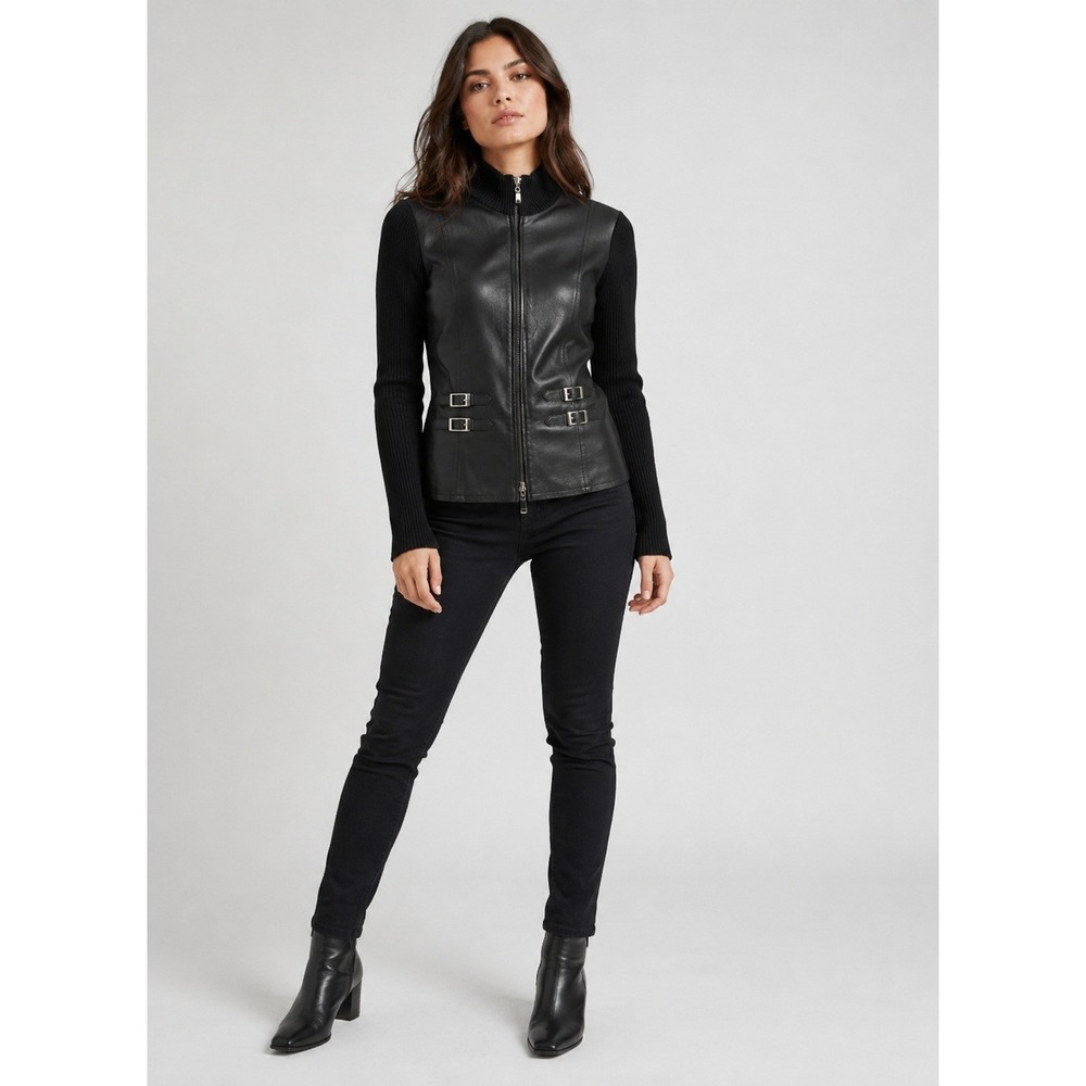 Vintage Katherine Banlay Modern Edgy Leather‎ Jacket Womens M Black Knit Sleeves